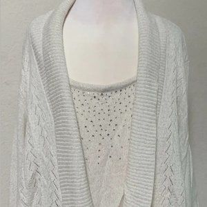 Basic Editions Women Cardigan Size 2x Color white with gold threads Two in one